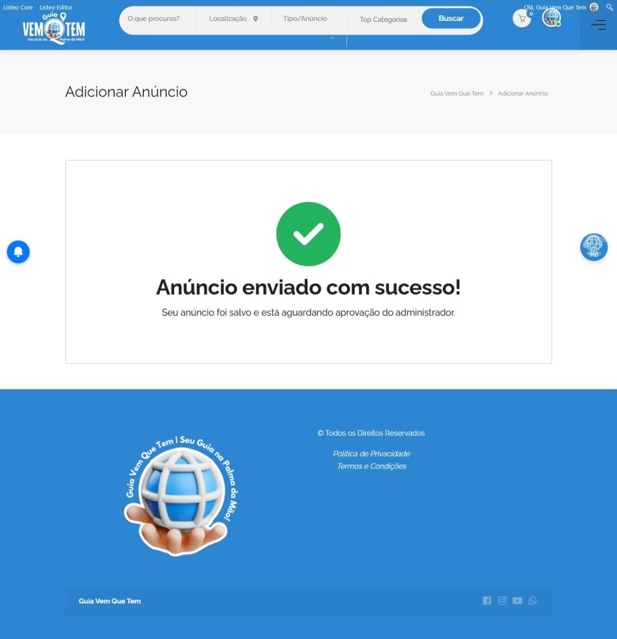 Confirmação de anúncio enviado com sucesso para análise