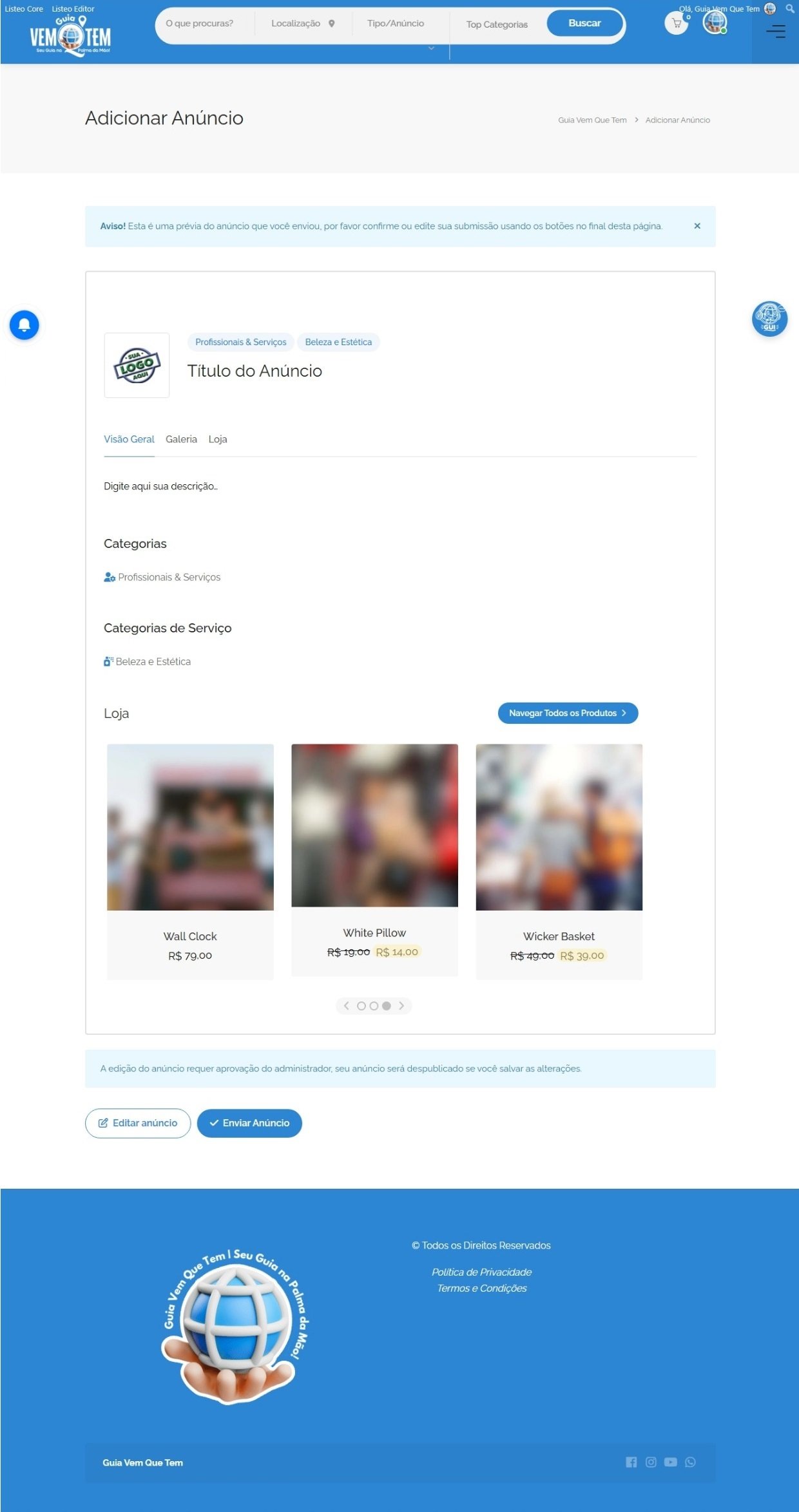 Tela de revisão e visualização do anúncio antes do envio