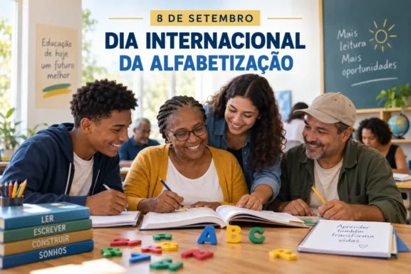 Pessoas jovens e adultas estudando no Dia Internacional da Alfabetização