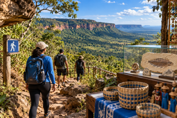 Visitantes em trilha educativa na paisagem da Chapada do Araripe