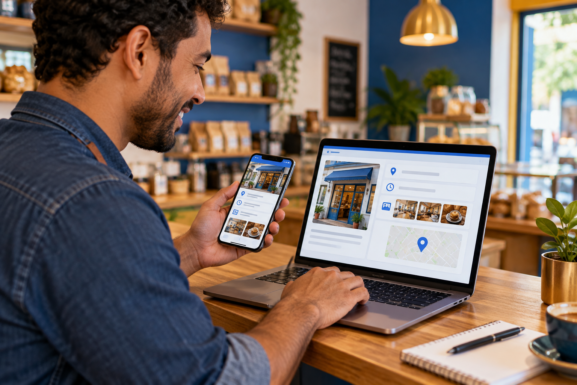 Empreendedor organizando endereço, horário, fotos e mapa de seu negócio