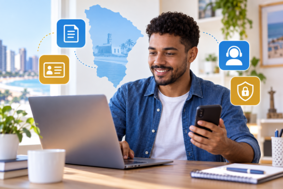 Cidadão acessando documentos e serviços públicos digitais pelo computador e celular
