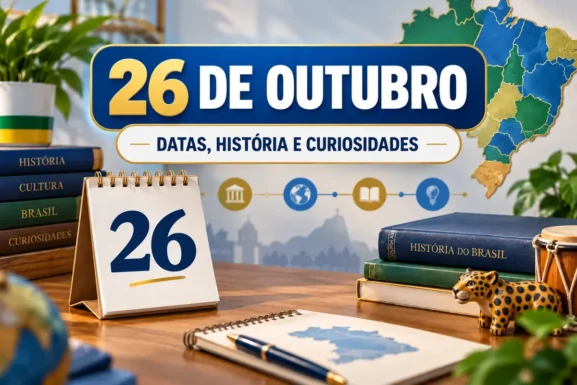 Capa editorial de 26 de outubro com calendário, livros e mapa do Brasil