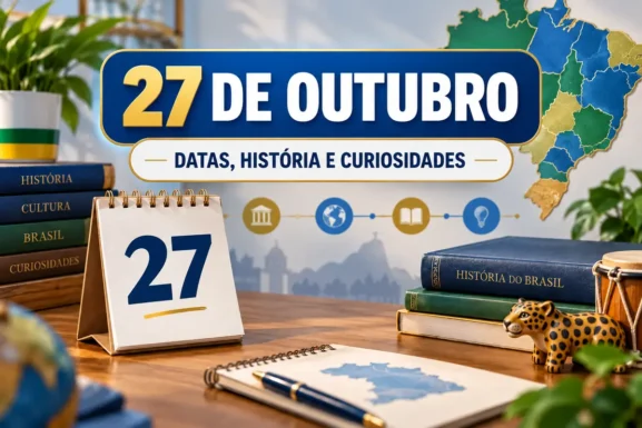 Capa editorial de 27 de outubro com calendário, livros e mapa do Brasil