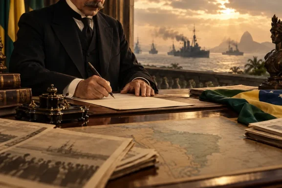Representação editorial da assinatura do decreto brasileiro de 1917 com navios ao fundo