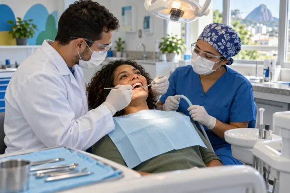 Dentista e auxiliar realizam atendimento odontológico preventivo em paciente em uma clínica moderna