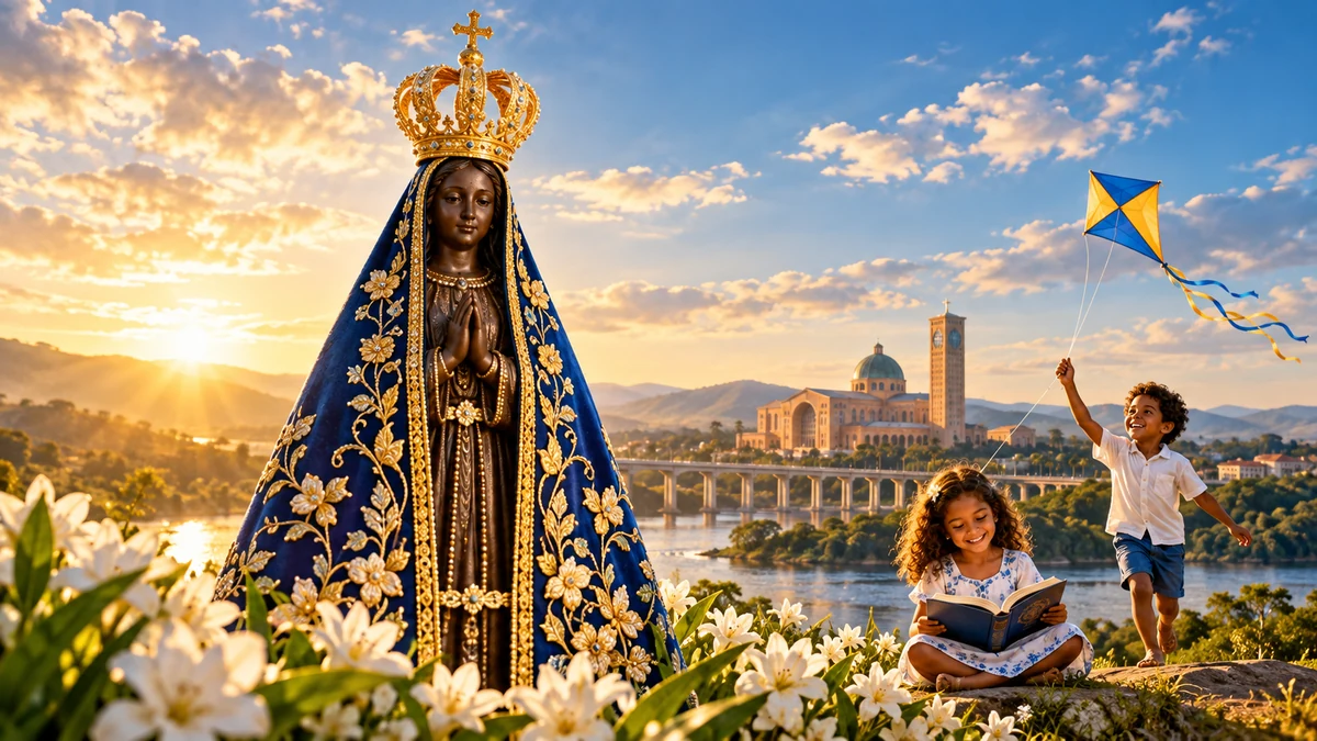 Nossa Senhora Aparecida em destaque ao lado de duas crianças brasileiras lendo e brincando de pipa, unindo a celebração da Padroeira do Brasil e o Dia das Crianças